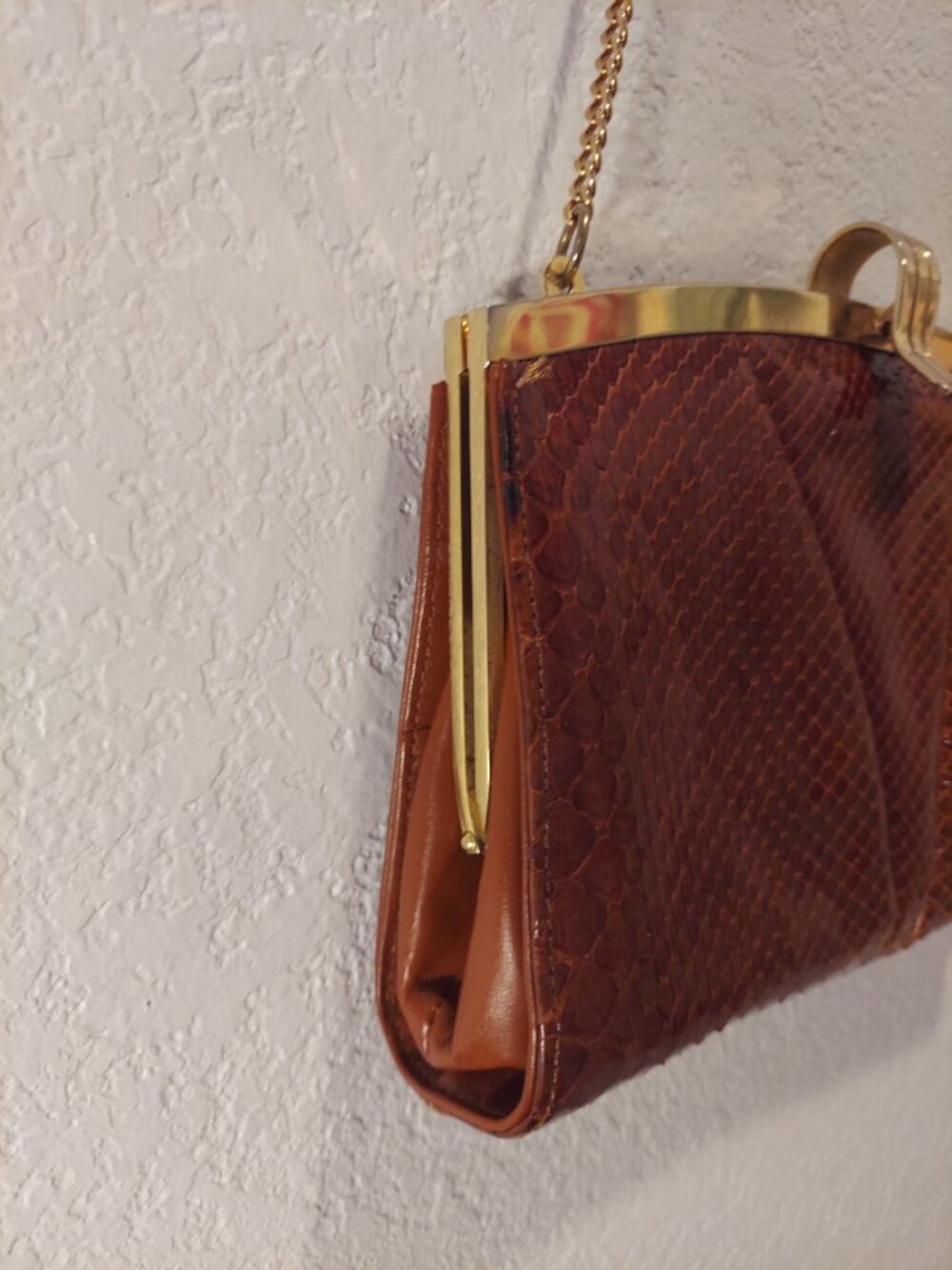 Vintage Argentine Leather Snakeskin Clutch Purse Brown Gold Chain - Picture 7 of 14